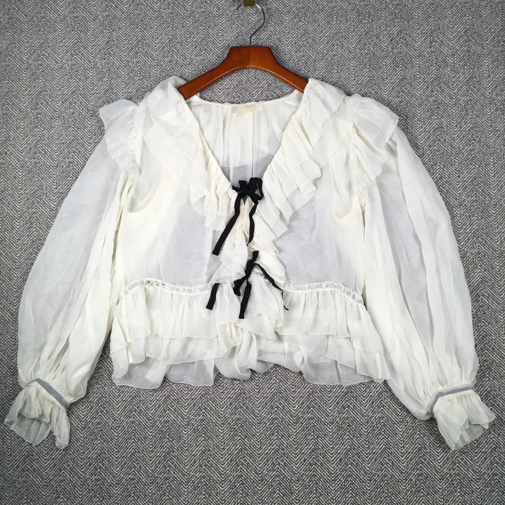 Ulla Johnson Vivian Sheer Silk Ruffle Blouse Ivory Long Sleeve Top Size 6